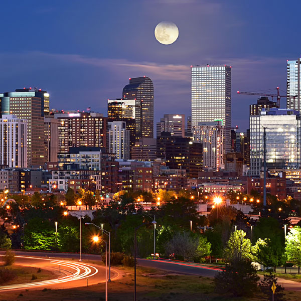 The Denver skyline at night.