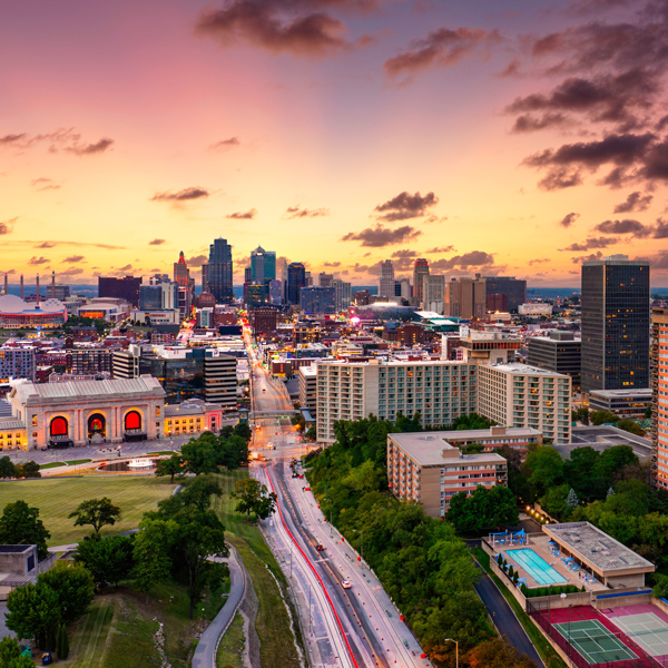 The Kansas City skyline at sunset.