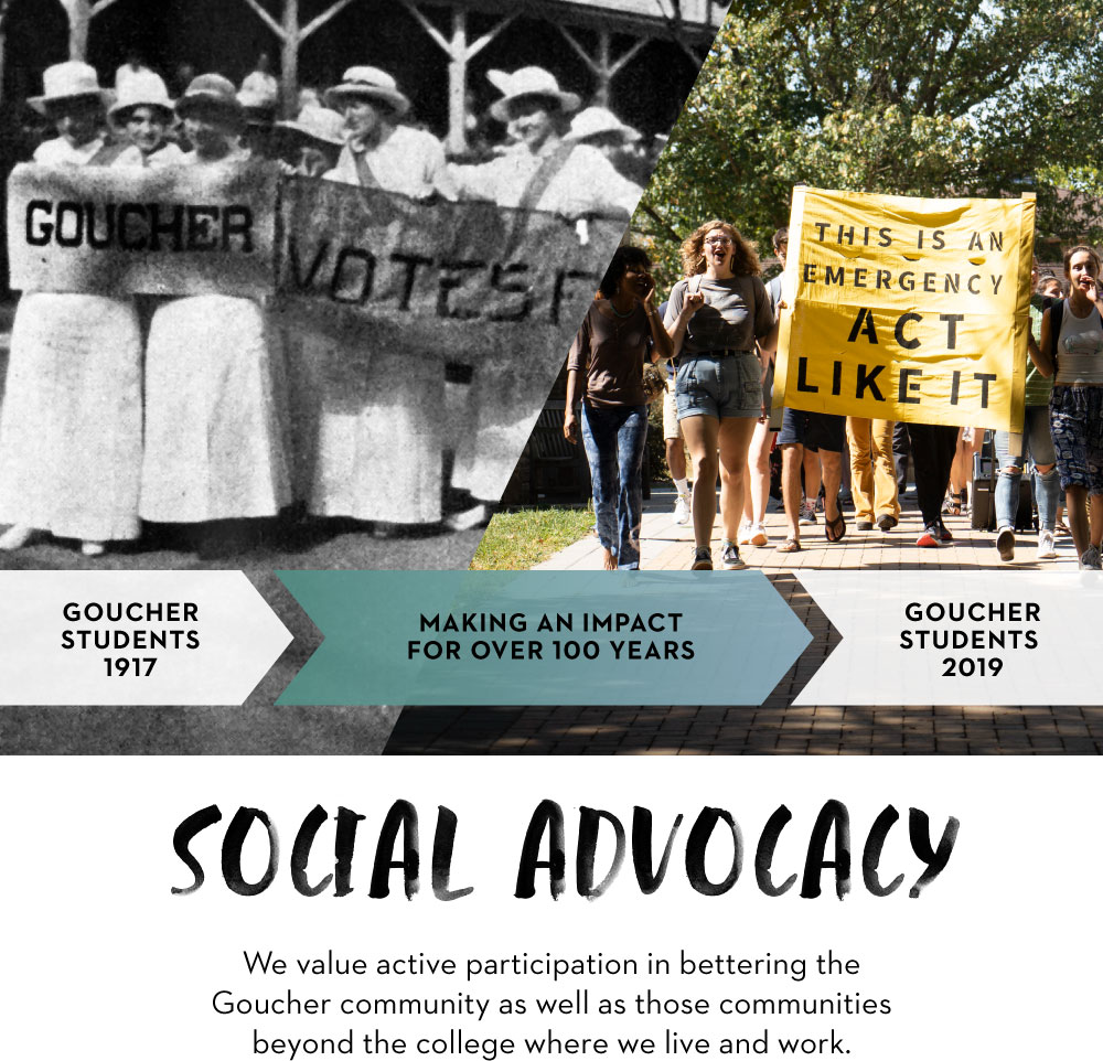 Social Advocacy we value active participation in bettering the Goucher Community as well as those communities beyond the college where we live and work