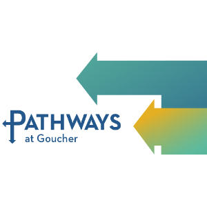 Logo design featuring two large gradient arrows pointing in opposite directions, one teal and one yellow-green, alongside the text "PATHWAYS at Goucher" in blue. The "P" in PATHWAYS incorporates directional arrows, symbolizing guidance or multiple directions.