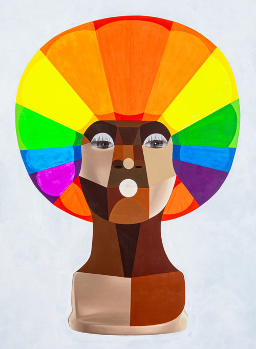 Style Variation by Derrick Adams. Acrylic paint and graphite on digital inkjet photograph, silouette of female head painted in bright blocks of color.