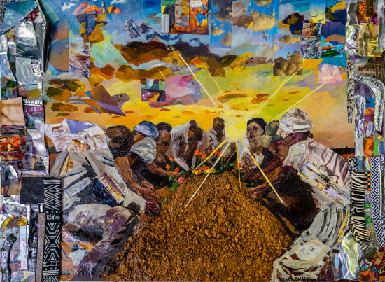 Colorful artwork by Jabari Jefferson. A collage of materials makes up an image of people surrounding a pile of dirt, possibly a grave. The sky swirls with collaged pieces of fabric, paper, and paint. 