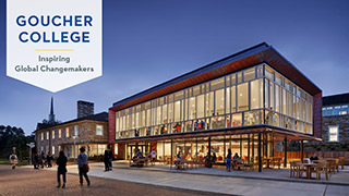 Welch Dining Center exterior in evening