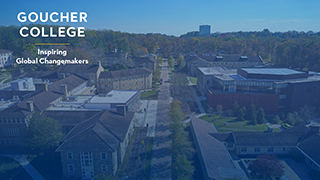 Aerial view of Goucher campus looking down Van Meter Highway with blue gradiant overlay