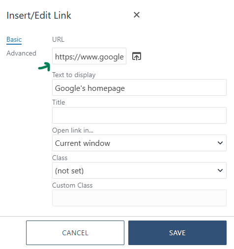 The Insert/Edit Link window includes a URL field where you can paste in the URL of an external site.