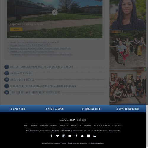 A fullpage view of the Goucher website, with the footer highlighted.