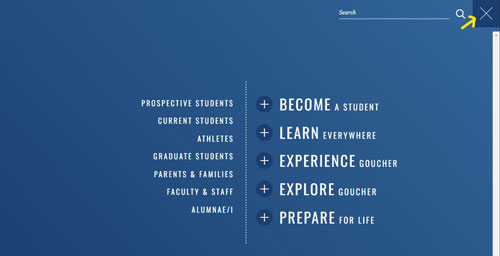 The top-level navigation menu when it is open.