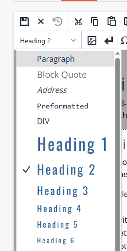 The options for selecting heading levels is located in a dropdown menu of the text editor.