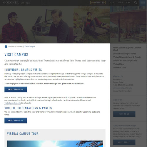 A fullpage view of the Goucher website, with the main content highlighted.