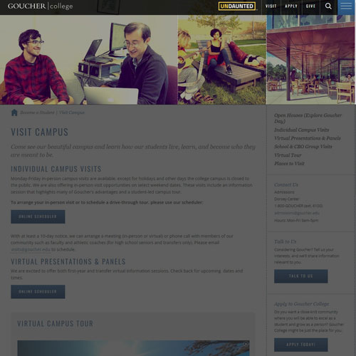A fullpage view of the Goucher website, with the masthead highlighted.
