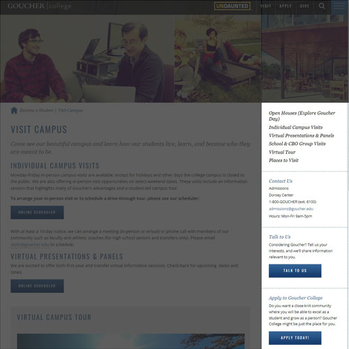 A fullpage view of the Goucher website, with the sidebar highlighted.
